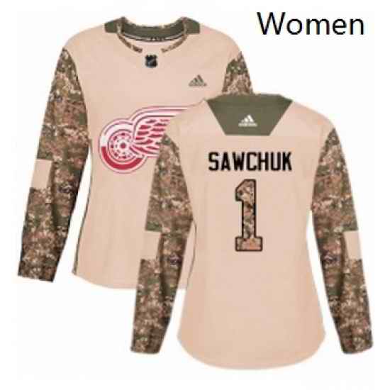 Womens Adidas Detroit Red Wings 1 Terry Sawchuk Authentic Camo Veterans Day Practice NHL Jersey